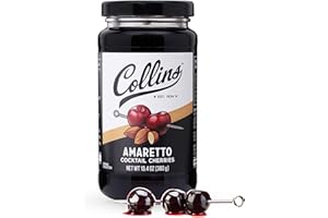 COLLINS CHICAGO Collins Amaretto Cocktail, Wild Black Cherries in Amaretto-Infused Syrup, Natural Ingredients, Gourmet Garnish for Sours, Old Fashioneds, Desserts, and Baking, 13.4 oz Jar