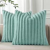 Pallene Faux Fur Plush Throw Pillow Covers 18x18 Set of 2, Luxury Soft Fluffy Striped Decorative Pillow Covers for Sofa, Couch, Living Room, Aqua