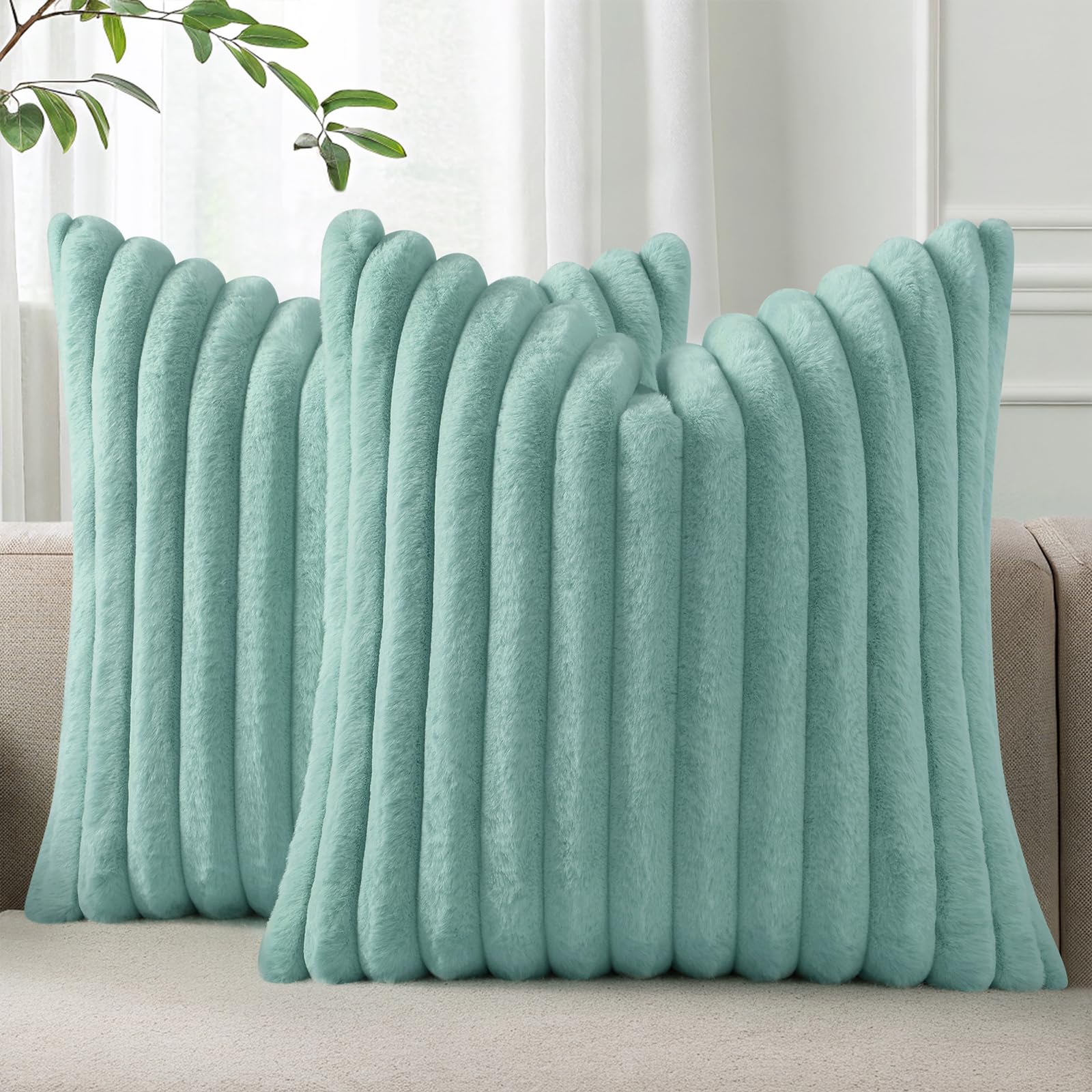 Photo 1 of Pallene Faux Fur Plush Throw Pillow Covers 24x24 Set of 2, Luxury Soft Fluffy Striped Decorative Pillow Covers for Sofa, Couch, Living Room, Aqua