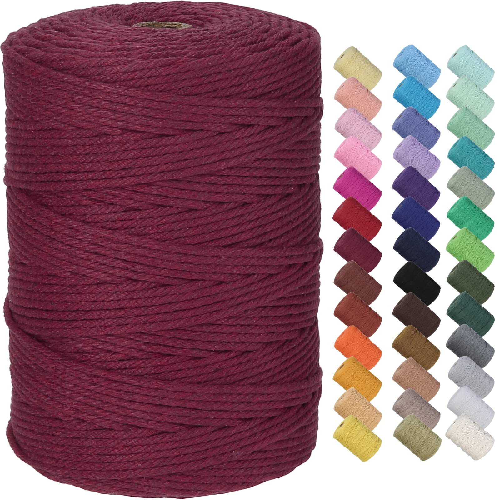 GOHOF Premium Cotton Macrame Rope, 3mm x 300m, 4 Strand Twisted, Wine Red