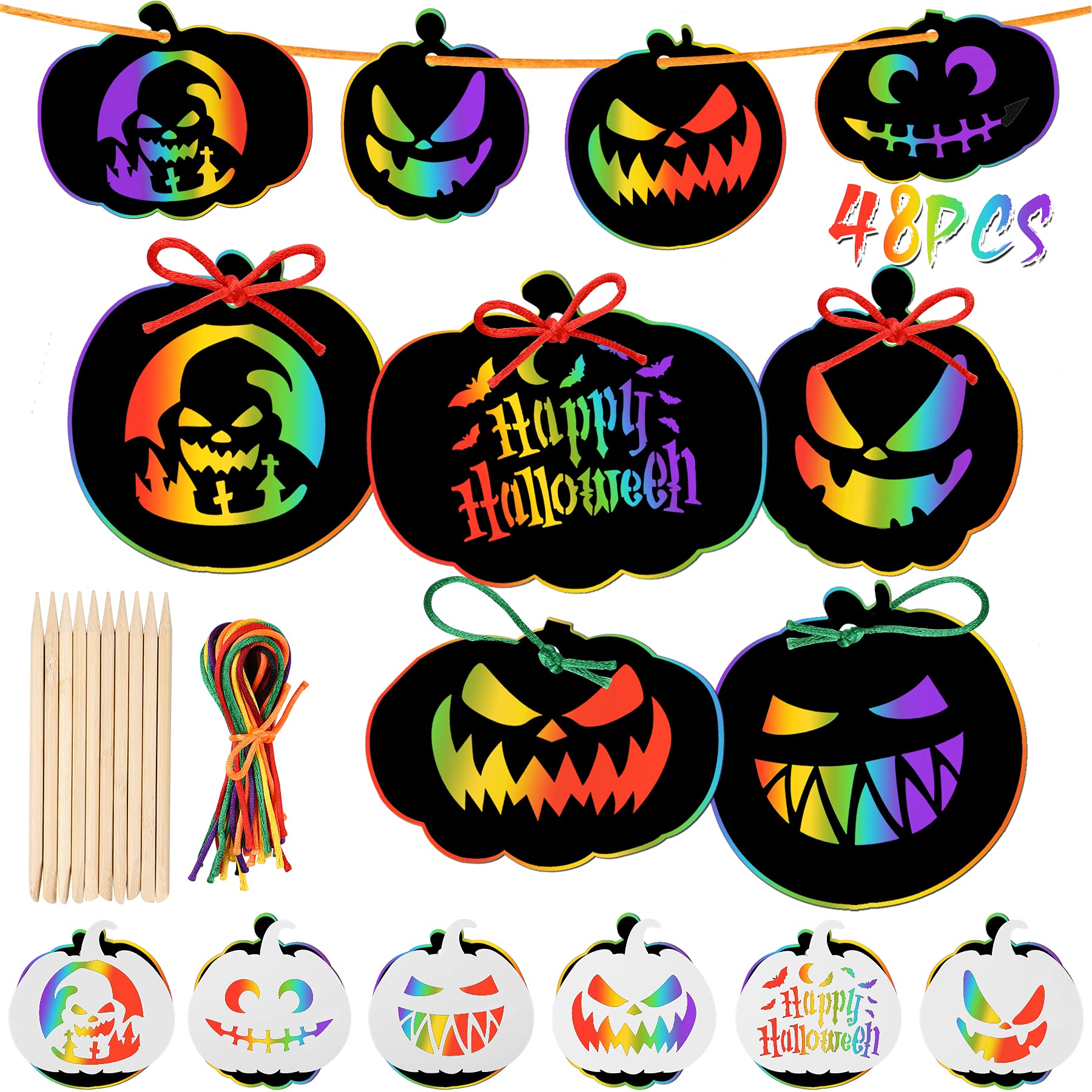 JULMELON 48 Pcs Halloween Scratch Paper Crafts Kit Bulk of Halloween Pumpkins Magic Rainbow Scratch Art DIY Party Ornaments Decor with 6 Pcs Pumpkins Stencils