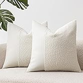 SINYASAN Set of 2 Fluffy Boucle Pillow Covers 18"x18", White Textured Throw Pillow Covers with Faux Leather Accents, Boho Decorative Pillow Cases for Couch, Bed, or Farmhouse Home Decor