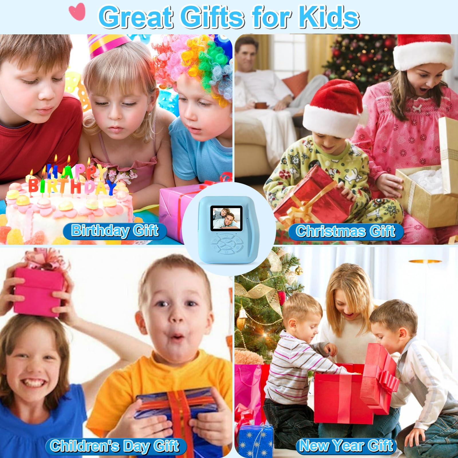GKTZ Kids Camera Instant Print - 1080P HD 0 Ink Photo Christmas Birthday Gifts for Age 3-8 Girls Boys Portable Toy with 3 Rolls Paper, 5 Color Pens, 32GB Card Blue, PB210-32G