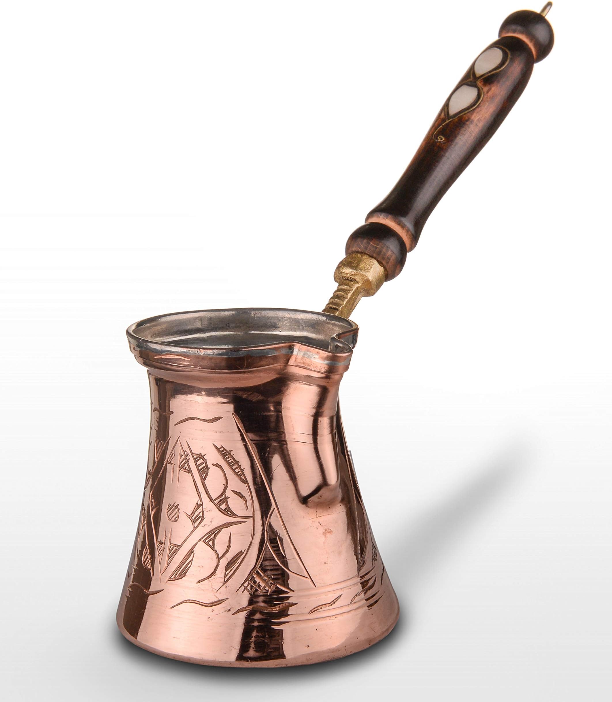 Thickest Premier Engraved Solid Copper Turkish Greek Arabic Coffee Pot Cezve Ibrik Briki with Wooden Handle, Thick 1,5 mm (Large - 11 Oz)