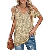 Sequin Tops Women Sparkly Shirt: Party Top Sparkle Shirts Glitter Cold Shoulder V Neck Blouses Evening Club Outfits