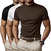 Ficerd 3 Pack Men's Turtle Neck Shirts, Short Sleeve Mock Turtleneck T Shirts Knitted Slim Fit Basic Undershirt Tops, Medium