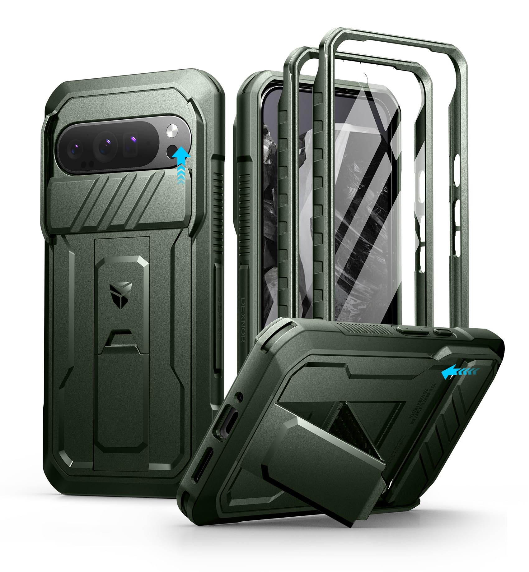 Dexnor for Google Pixel 9 Pro XL Case with Built-in Slide Camera Cover & Screen Protector & Kickstand, Heavy-Duty Shockproof Rugged Case Full-Body Bumper Protective Cover - Green