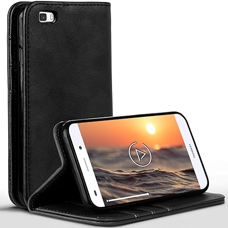 moex Huawei P8 Lite 2015 | Hülle Schwarz mit Karten-Fach Book Klapp-Hülle Etui Schutzhülle Handytasche Kunst-Leder Handyhülle