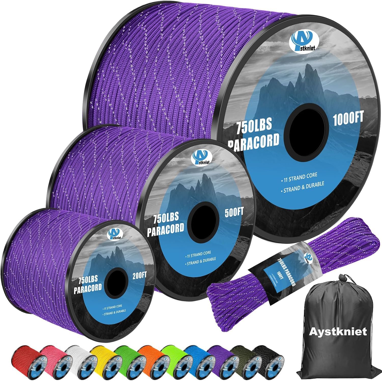 Photo 1 of 750Ib Reflective Paracord Rope,100', 4mm 11 Strand Parachute Spool Cord with Collecting Bag, para Cord Lanyard for Hammock, Camping, Hiking