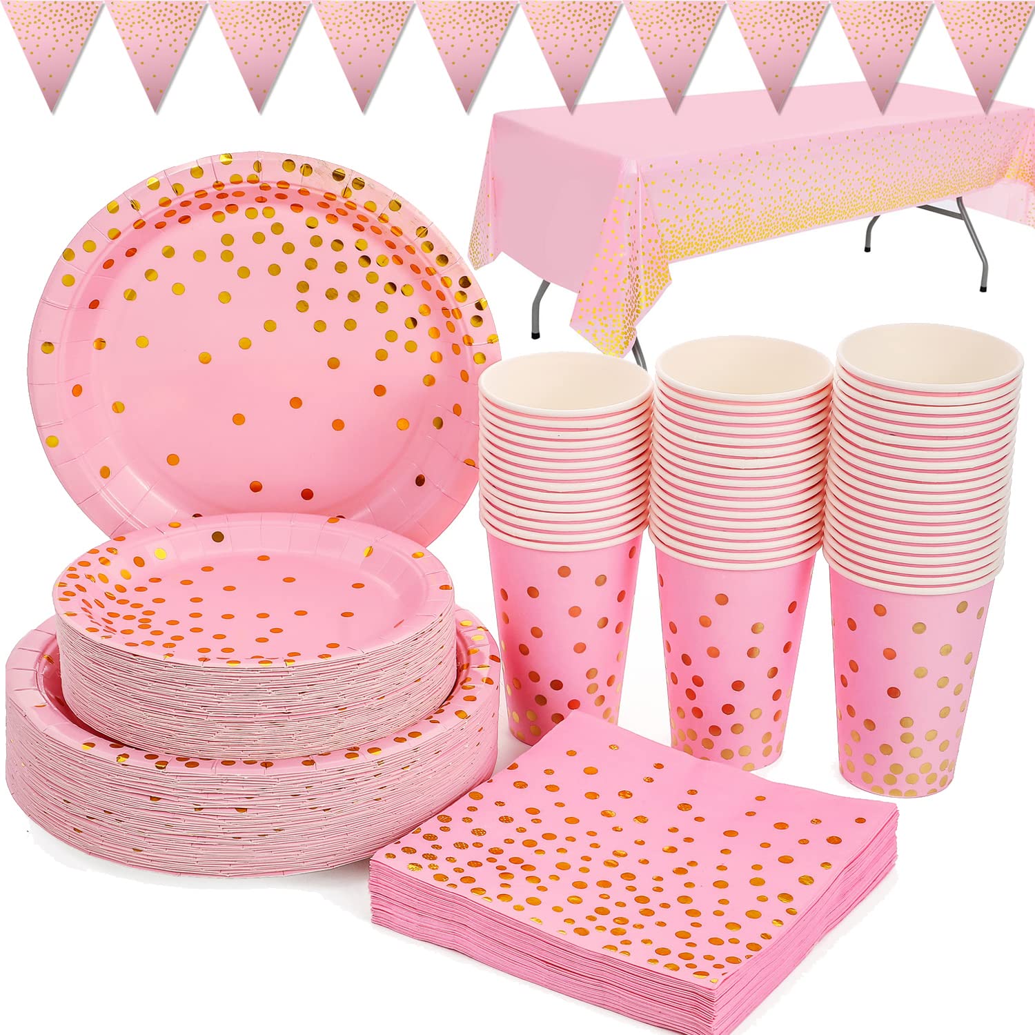 Pink and Gold Party Supplies 99 Pieces Golden Dot Party Tableware Includes Paper Plates, Napkins, 9oz Cups, Tablecloth, Banner, for Bachelorette, Girl Birthday, Baby Shower, Serves 24