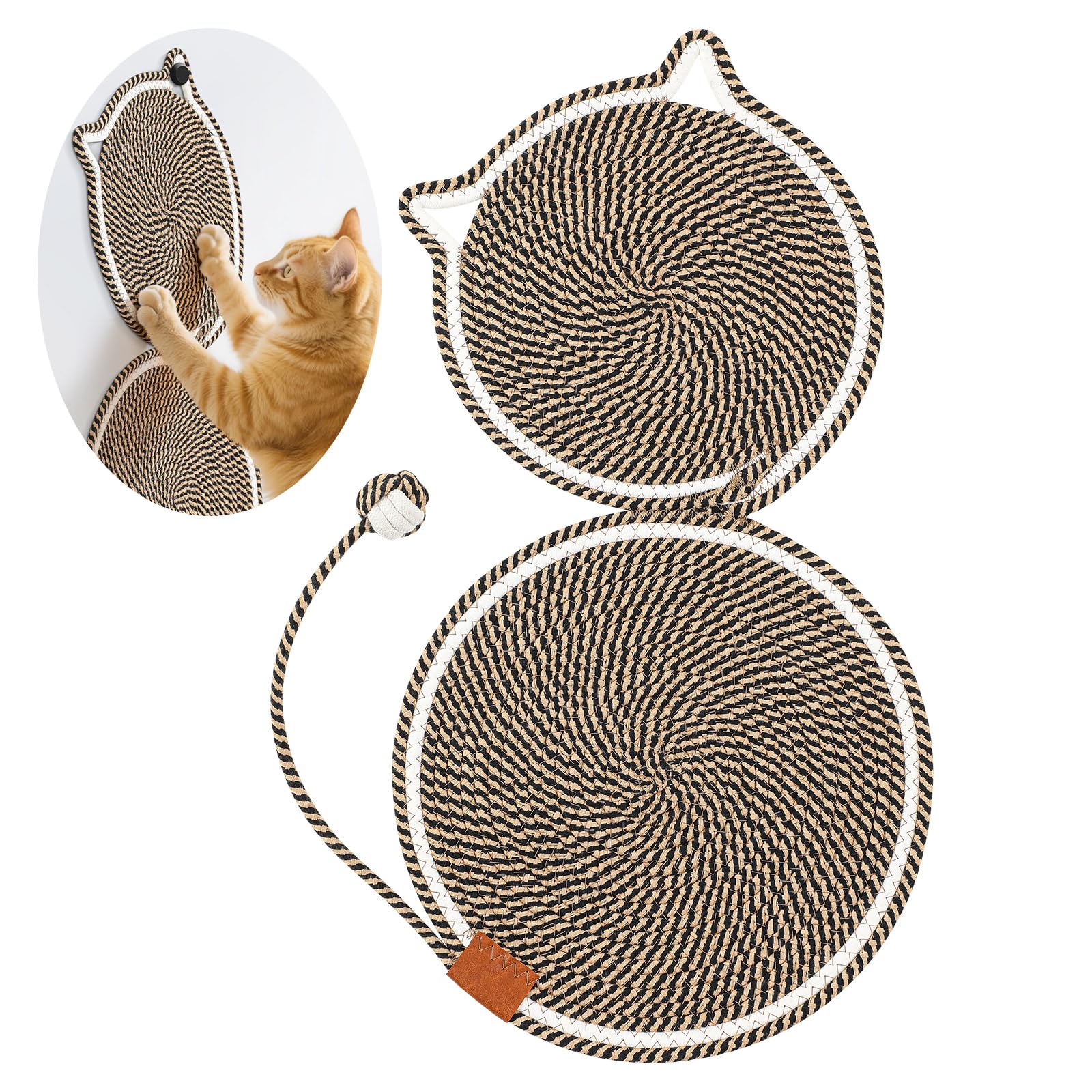 Photo 1 of Shinylin 25.6 Inch Large Scratching Mat for Indoor Cats Natural Cotton Rope Flat Scratcher with Ear Hooks and Ball Toy Cat Scratch Rug Pad for Wall, Couch, Carpets, Sofas (Dark Brown)