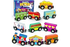 Vanmor Wooden Magnetic Train Set for Toddlers,10-Piece Educational Toy Cars with Magnets, Includes Storage Bag, Skill-Building Wooden Trains for Boys & Girls, for Kids 3-5 and 4-8 Years