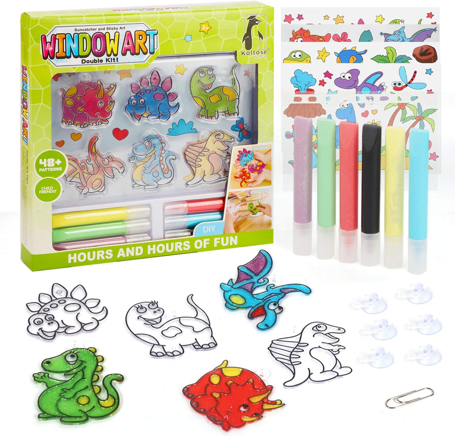 Koltose by Mash Dinosaur Suncatcher Kit, Includes 6 Dinosaur Sun Catchers, 6 Paints, 4 Templates and More, Double Kit - Window Art and Sticky Suncatcher Art