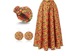 MS.ING 3 Pcs Women African Print Skirt Traditional Dashiki Costume African Dress Head Wraps Scarf Drop Dangle Earrings