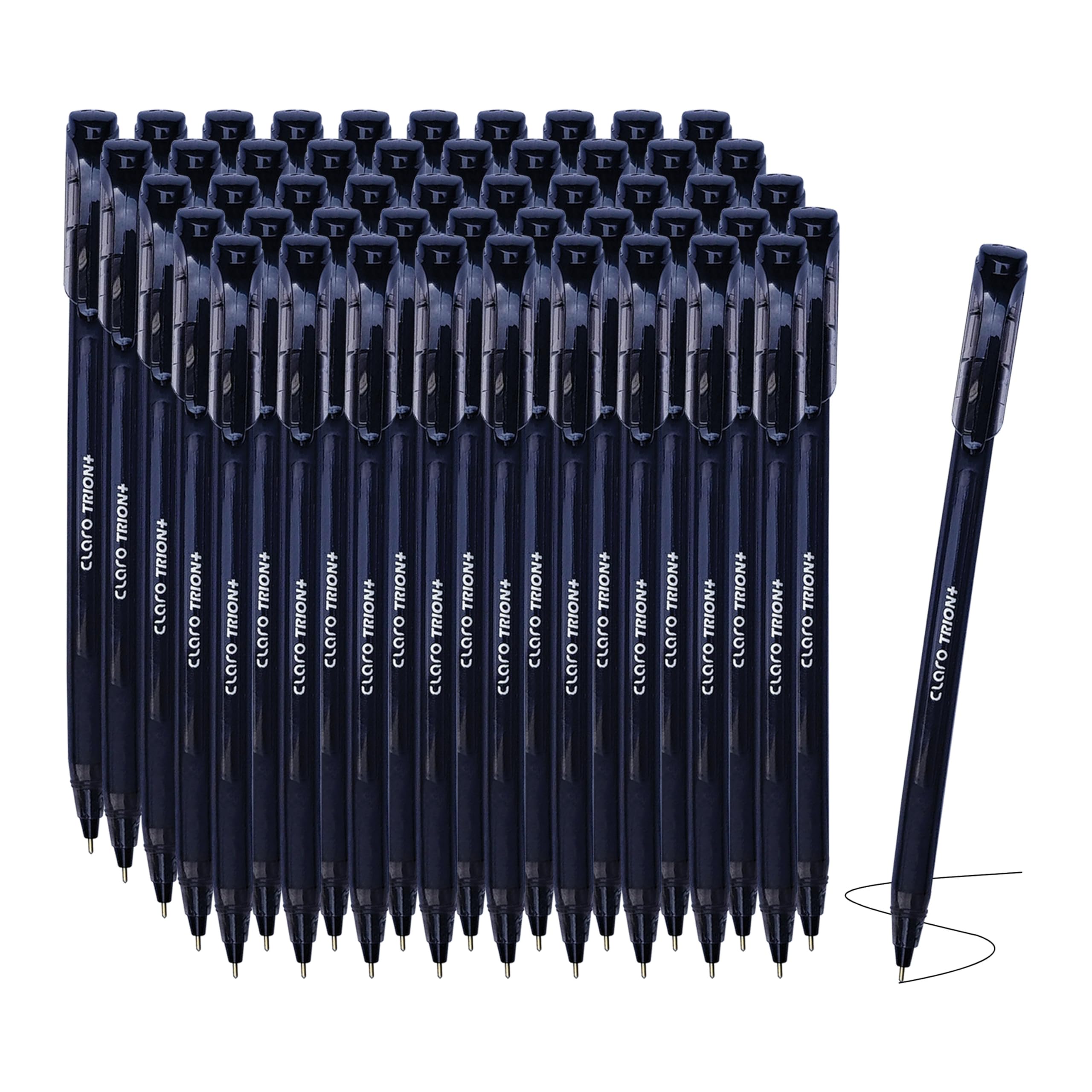 CLARO Trion+ Ballpoint Pens, BLACK, Medium Point (1.0mm), Pack of 50, Smooth Ball Pens, Pens for School Office Home Everyday Use