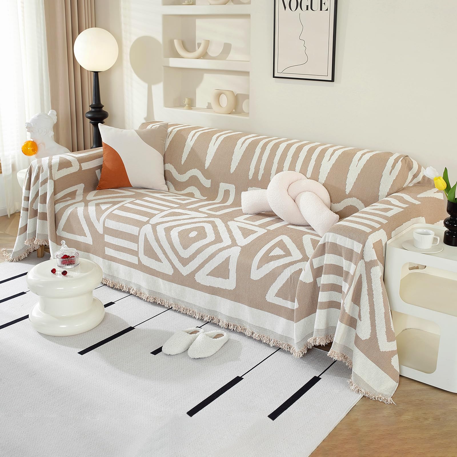 Royhom Boho Sofa Cover 3 Seater, Corner Sofa Covers L Shape, Washable Couch Cover with Tassel, Soft Couch Covers for Dogs, Breathable, All-season Universal (Khaki, 180x300cm)