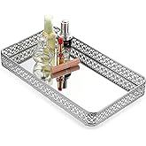 ELLDOO Perfume & Makeup Mirror Tray - Silver Metal Organizer for Dresser & Bathroom Countertop, Hollow-Carved Design Jewelry Storage Large Size 13.8" x 7.9"
