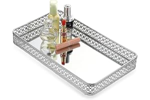 ELLDOO Perfume Tray Mirror Tray Silver Vanity Makeup Hollow-Carved Jewelry Tray Glass Metal Trinket Storage Tray Home Decor Organizer Tray for for Dresser Bathroom Countertop,Large Size 13.8"x 7.9"