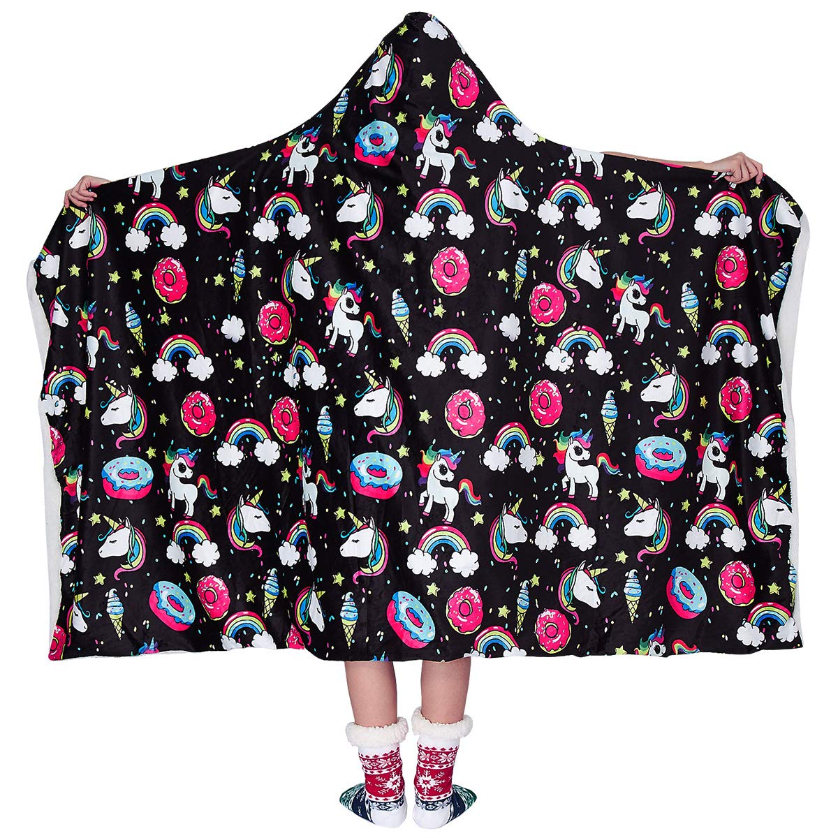 Loveternal Unicorn Graphic Blanket Hoodie for Women Rainbow Donut Cloaking Cabin Throw Blanket 3D Plush Small Lucky Star Ice Cream Warm Fleece Wearable Blanket Cuddle Home Black (60\