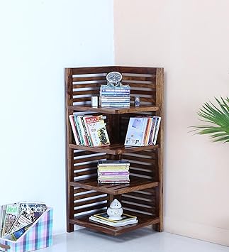 Strata Furniture Sheesham Wood Designer Teak Finish Book Shelves (Brown)