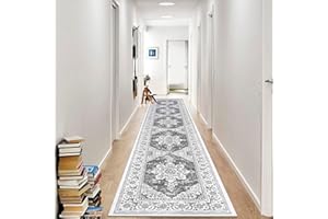 Ileading Vintage Runner Rug for Hallway 2x10FT, Machine Washable Extended Entryway Rug Runners with Rubber Backing, Non Slip Kitchen Floor Mat for Livingroom Corridor Indoor Doormat (Grey 2x10ft)