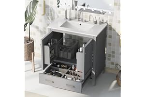 LUMISOL 30" Gray Bathroom Vanity with Sink, Solid Wood Bathroom Vanity with a Drawer and 2 Doors, Multifunctional Storage Racks, Freestanding Bathroom Storage Cabinet with Ceramic Sink, Grey