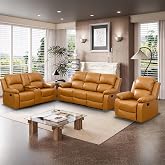 Toseslo Manual Reclining Couch Sofa Set with Drop-Down Table, 3 Pieces Ginger Leather Recliner Couch Sets, Living Room Furniture Sets, Recliner Sofa with Storage Console/Cup Holder for Home/Apartment