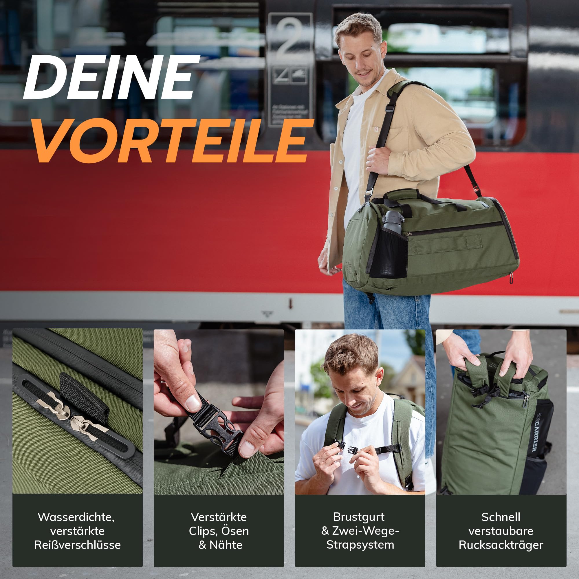 RECARRIER Sporttasche [RECYCELTES PET] 50L – Gym Bag und Rucksack in Einem –wasserdichte Trainingstasche Herren Damen–Sportrucksack wasserdicht mit Schuhfach Fitness, Reisetasche groß (Pinewoodgreen) 6