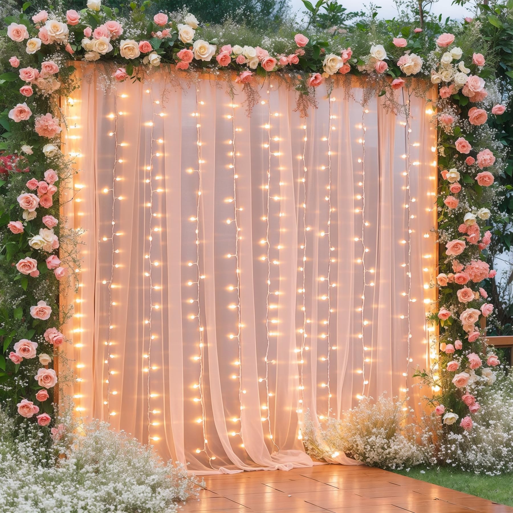Photo 1 of 10×10ft Peach Tulle Backdrop Curtain with Lights String for Parties, Sheer Photo Curtain Backdrop Drapes for Wedding Party Photography Backgrounds