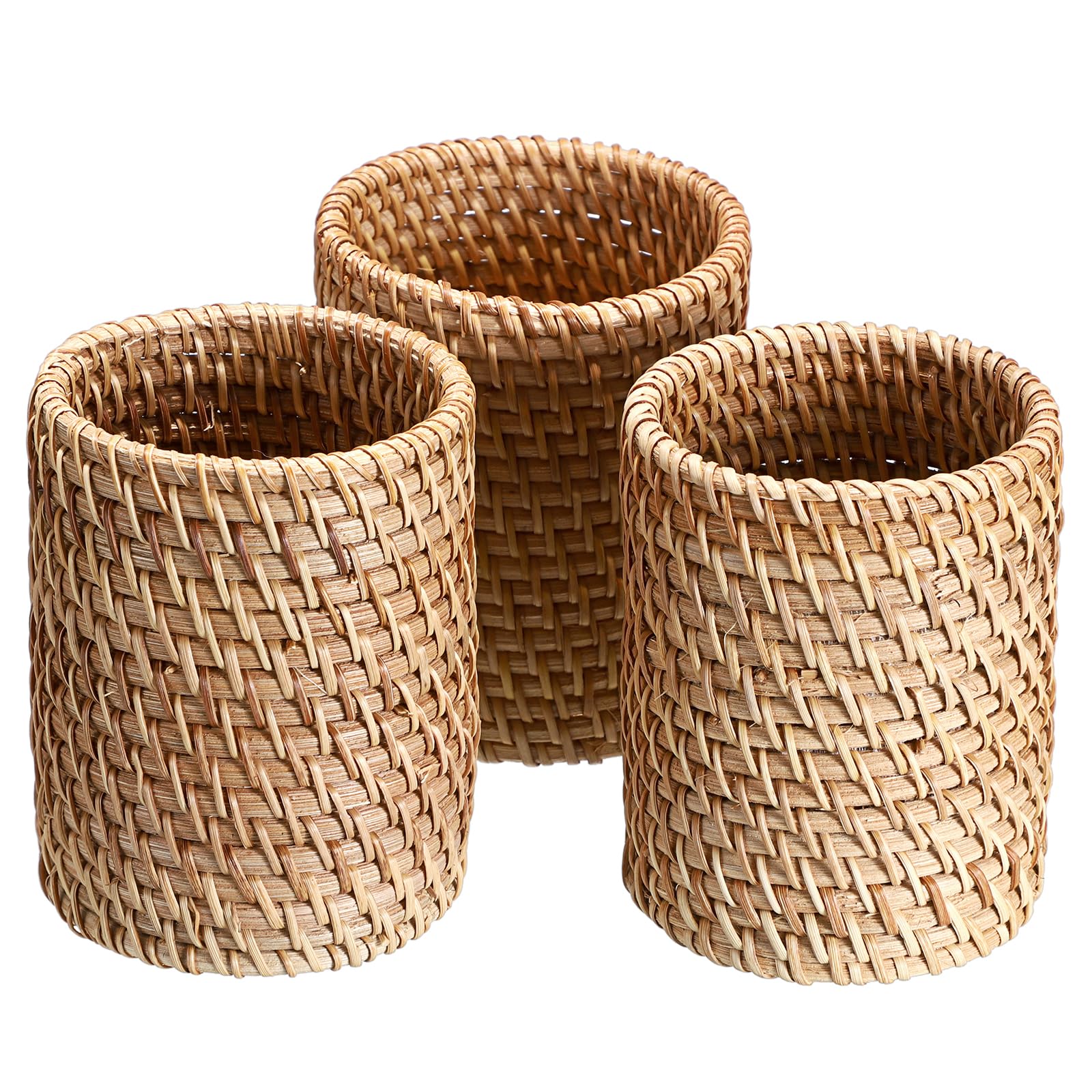 BSTKEY 3 Pcs Rattan Pencil Holder Desk Organizer, Handmade Woven Stationery Storage Organizer Pen Holder Cosmetic Brush Pot Stand (Cylinder)