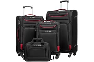 Coolife Luggage 4 Piece Set Suitcase TSA Lock Spinner Softshell lightweight (black+red)