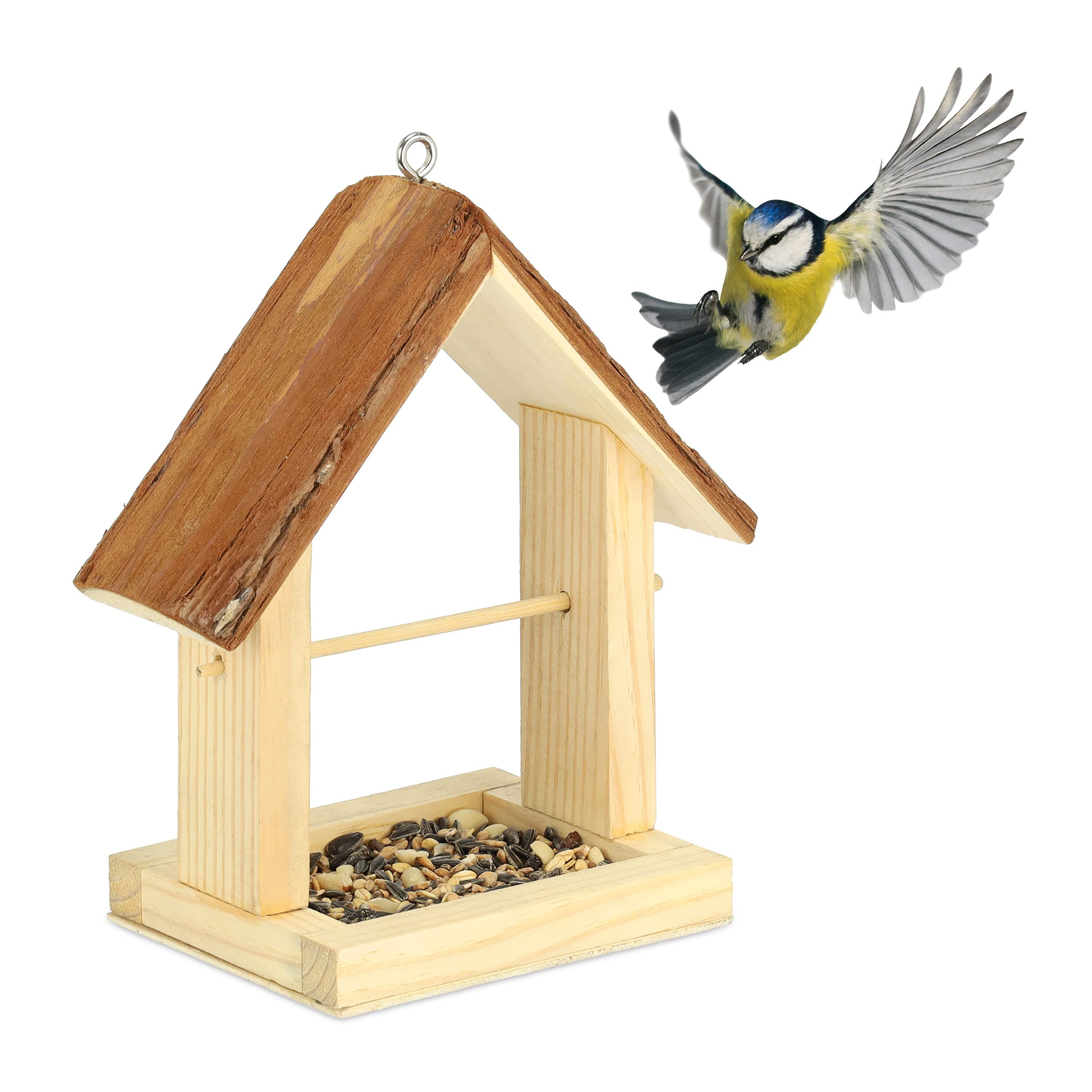 Relaxdays Bird Feeder, Feeding Station, Hang or Place on Surface, H x W x D: 27 x 23 x 13 cm, Wood, Natural