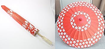 23 Inch Tall Red-Orange Cherry Blossom Wood Bamboo Paper Parasol Umbrella Backyard Decoration Gift
