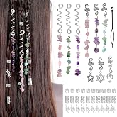 40Pcs Natural Colored Crystal Stone Hair Accessories, hoyuwak Metal Hair Charms, Silver Loc Dreadlock Spirals, Cuffs &amp; Rings for Women's Hairstyles