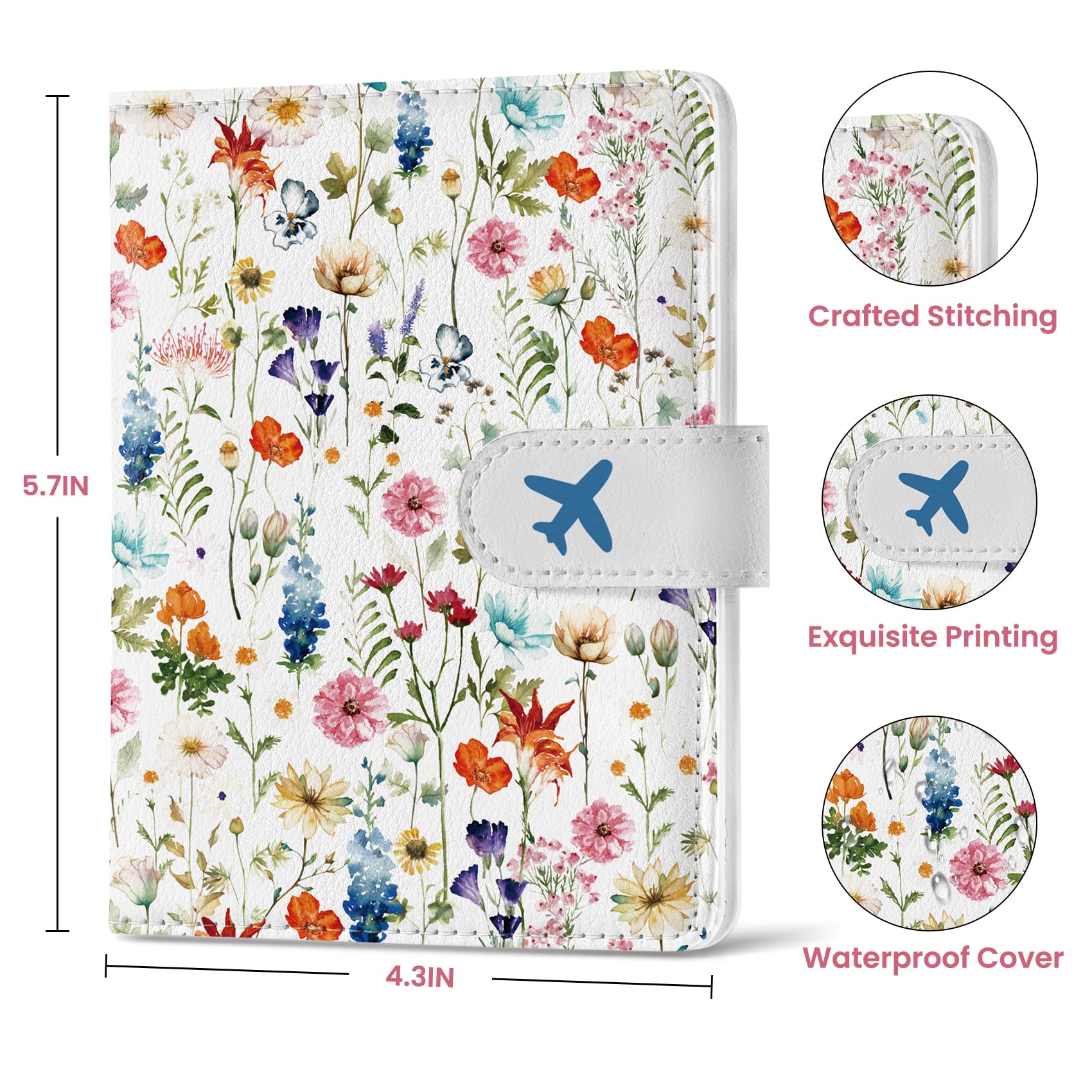 Passport Holder for Travel Essentials, RFID Blocking Leather Cover Wallet with Magnetic Closure, Aesthetic & Cute Passport Book Case for Women and Men - Wildflower