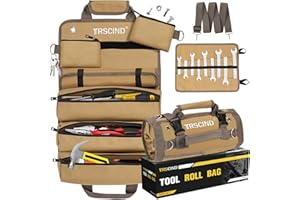 TRSCIND Tool Bag Roll Up, Tool Bag Organizer w/Detachable Pockets&Wrench Roll, Gifts for Men Dad Him Husband Christmas Stocking Stuffers, Heavy Duty Tool Pouch, Portable Tool Box for Motorcycle, Car（Khaki）