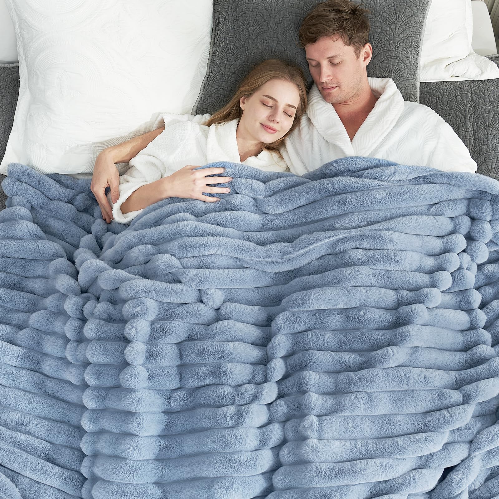 Photo 1 of Cozy Bliss Faux Fur Throw Blanket for Couch, Cozy Warm Plush Striped Blanket for Sofa Bedroom Living Room, 60 * 80 Inches Light Blue