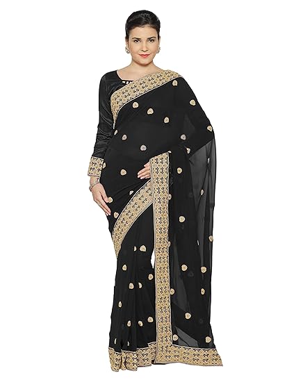 Womens Zari Butti Embroidery Saree with Blouse (9715-Black)