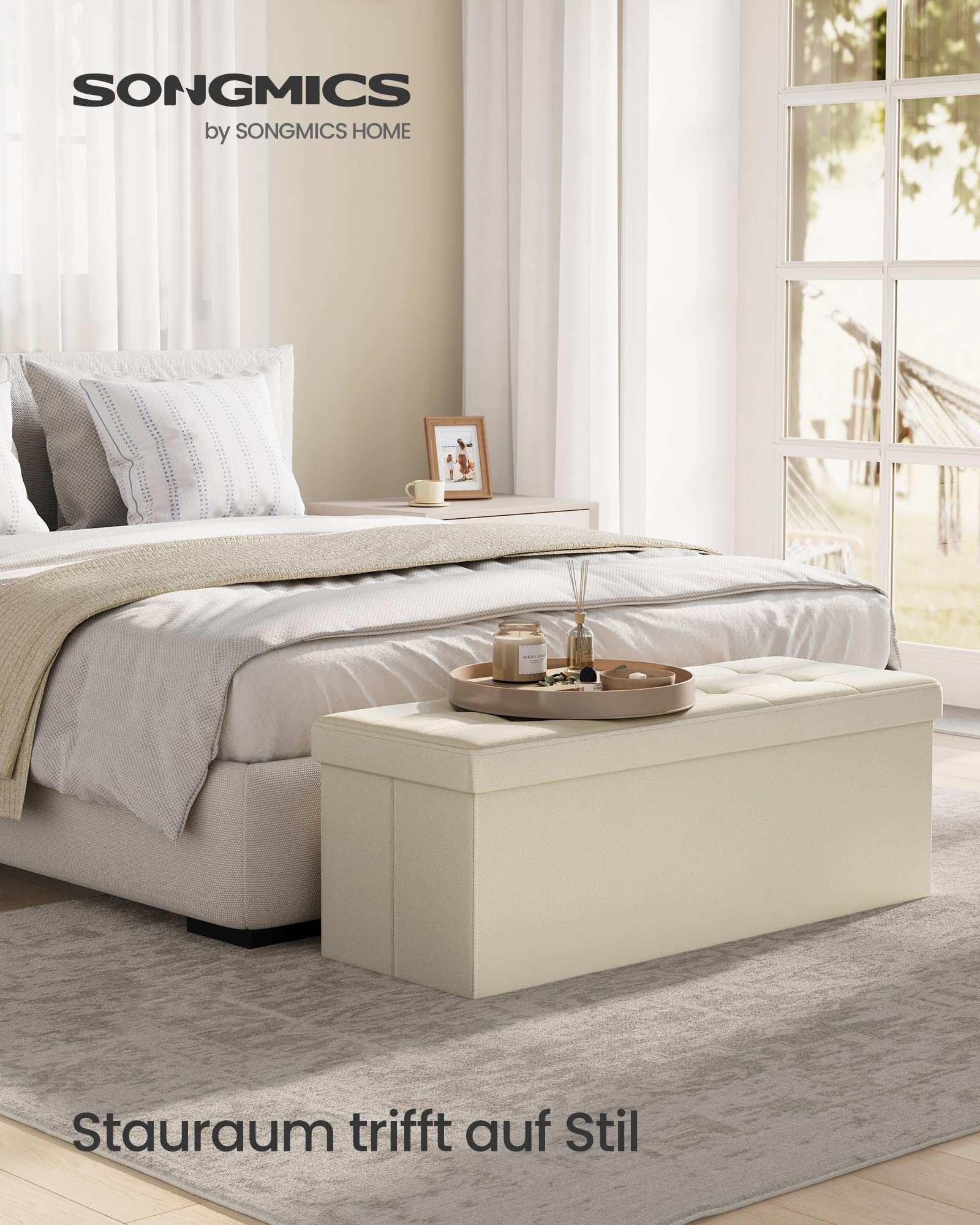 SONGMICS Sitzhocker mit Stauraum, klappbare Sitzbank, 38 x 110 x 38 cm Fußbank, Aufbewahrungsbox, bis 300 kg belastbar, für Wohnzimmer Schlafzimmer Flur, aschgrau LSF77G 2