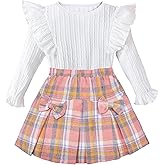 EuquixZeph Toddler Girl Clothes Fall Winter Outfits Little Girl 2Pcs Ruffle Long Sleeve Knit Sweater Shirts Plaid Skirts Set