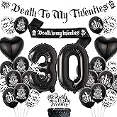 Death to My 20s Birthday Decorations - Gothic Cake Topper Glitter Banner Number 30 Balloons Sash, Funny Rip 20s Party Supplies for Women and Men 30th Birthday