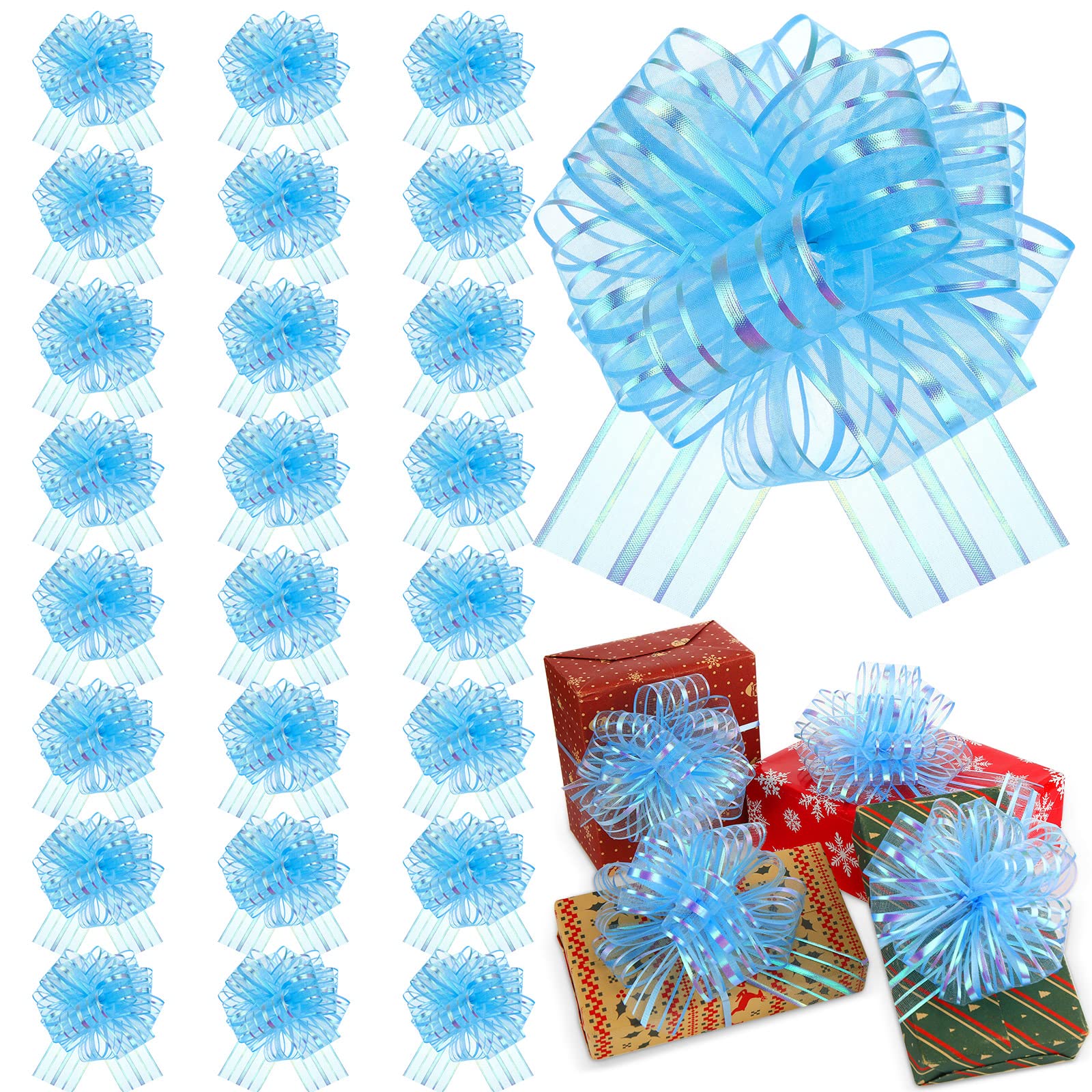 Poen 12 Pieces Pull Bow Large Organza Gift Wrapping Pull Bows with Ribbon for Wedding Gift Baskets (Light Blue, 8 Inch)