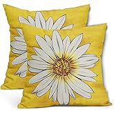 Summer Daisy Floral Pillow Covers 18X18 Inch Set of 2 White Petal Flower Bloom Decorative Pillow Cases Yellow Seasonal Cotton Linen Cushion Case Farmhouse Home Decor for Sofa Couch Porch Outdoor