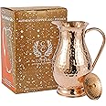 Pure Copper Pitcher with a Lid, Large Size Solid Copper Handcrafted Copper Water Hammered Jug, Capacity 70 Oz/2000ml, Copper Carafe For Home, Hotels & Gifting