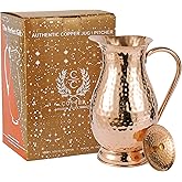 Pure Copper Pitcher with a Lid, Large Size Solid Handcrafted Copper Water Hammered Jug, Capacity 70 Oz/2000ml, Copper Carafe For Home, Hotels & Gifting