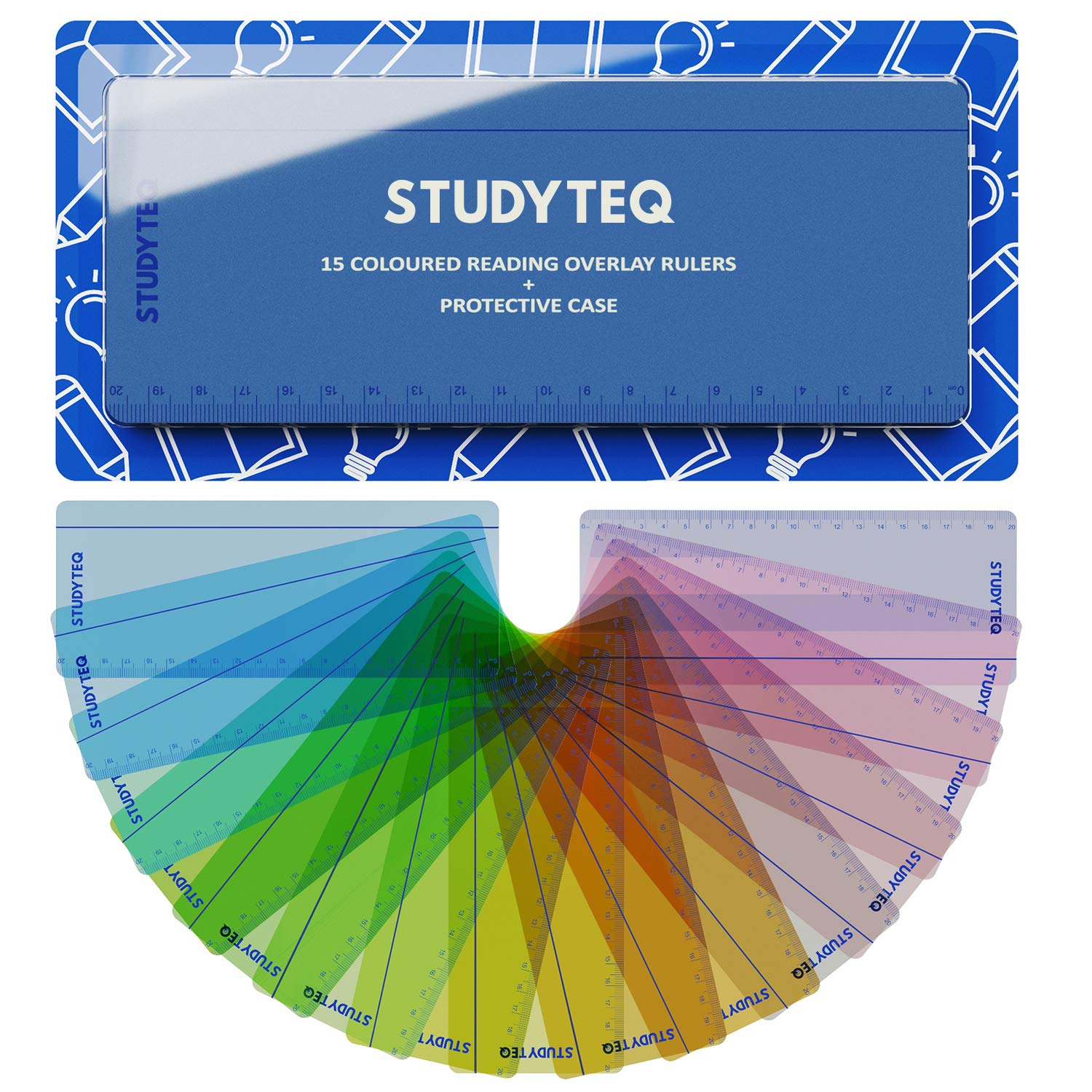 Studyteq 15 x Professional Dyslexia Coloured Reading Overlays And Rulers + Protective Case | Reading Tracking Rulers for Visual Stress, Dyslexia, Irlens Syndrome, and ADHD