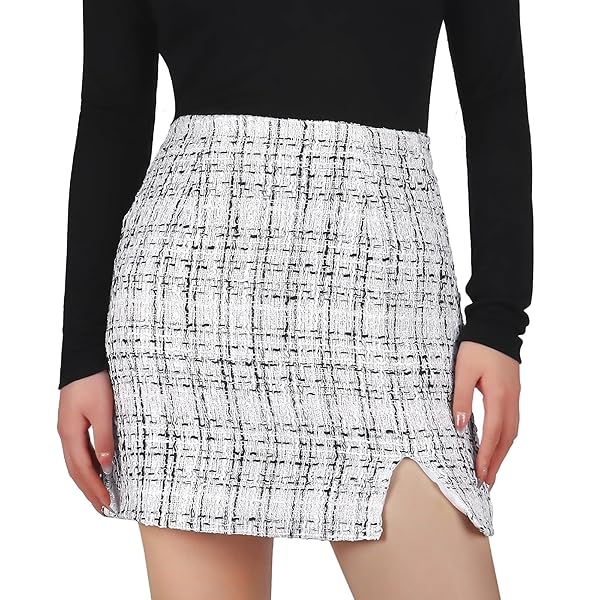 IBEAUTI WOMEN’S HIGH WAIST PLAID SKIRT SIDE SPLIT BODYCON PENCIL MINI SKIRT (US, ALPHA, SMALL, REGULAR, REGULAR, PLAID WHITE)