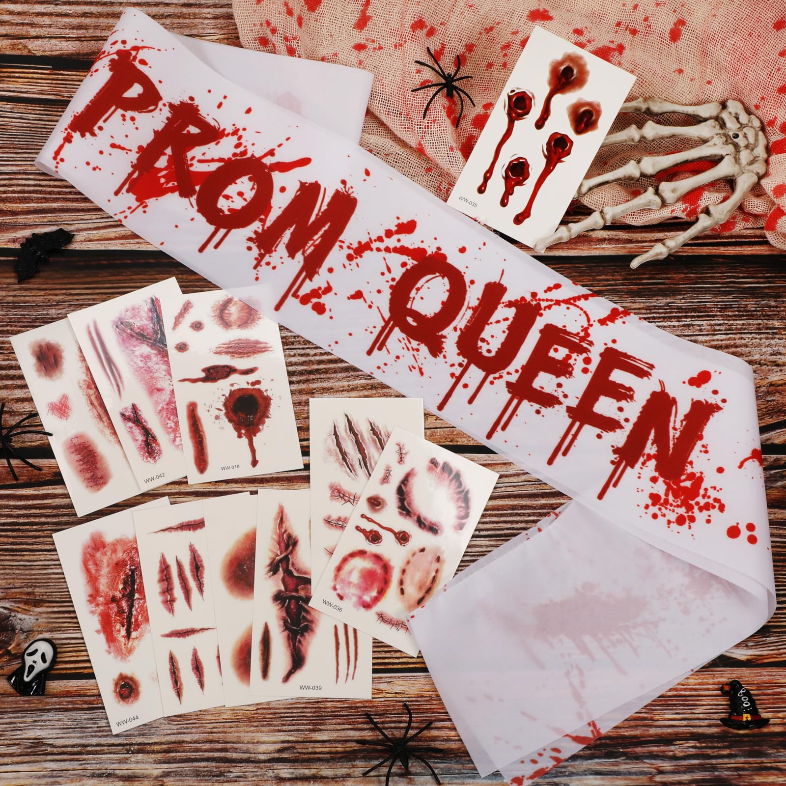 HOWAF Zombie Prom Queen Costume Sash & Tattoos, Bloody Prom Queen Halloween Costume Accessories Halloween Prom Queen Sash,10pcs halloween Scar Tattoos Fake Scar Stickers for Zombie Costume Fancy Dress