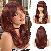 HAIRCUBE Layered Red Brown Medium Long Straight Synthetic Wigs for Women with Bangs Heat Resistant Natural Look for Daily Use