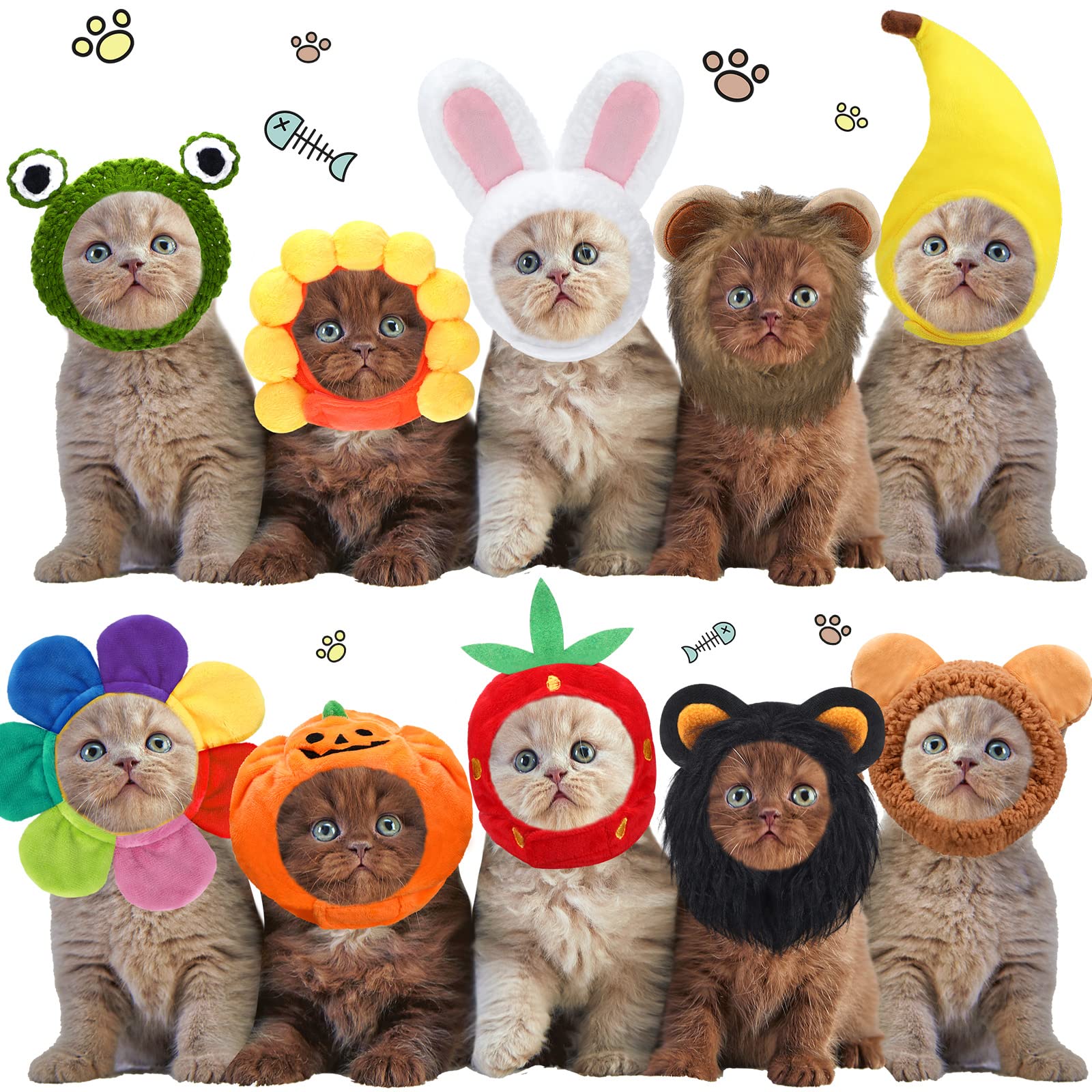 Photo 1 of 10 Pcs Cat Costumes - Bunny, Bear, Lion, Fruit Shaped Hat - Adjustable Accessory Headwear for Small Dog, Kitten, Puppy - Pet Festival Birthday Theme Party Photo Prop